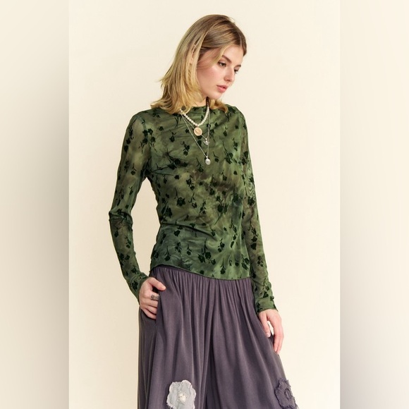 179B. Floral Mesh Long Sleeve Sheer Top - Olive - Picture 1 of 5
